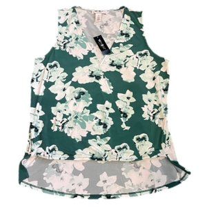 White House Black Market Floral Sleeveless Surplice Faux Wrap Hi Lo Green/White